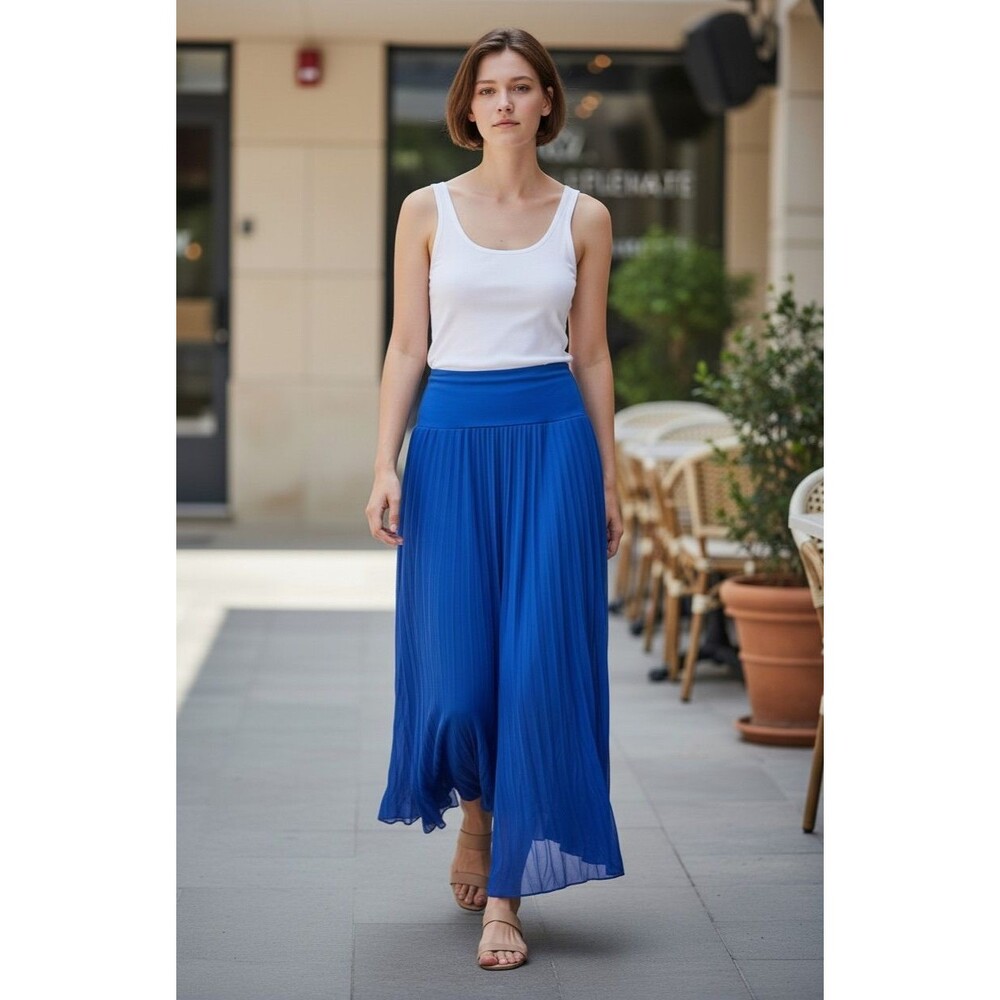 Max & Mia Cobalt Blue Maxi Skirt Foldover Waist Sheer Flowy Minimalist USA Sz S